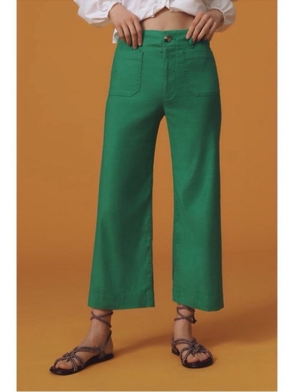 Anthropologie Colette European Linen Stretch Wide Leg Pants Bright Green Sz 29